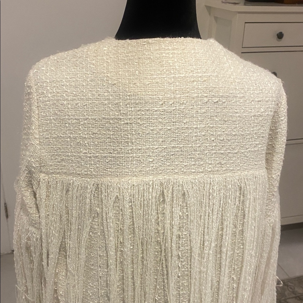 ZARA Ecru Cream Fringe Open Cardigan Tweed Textured Structured Jacket Sze Small - Picture 10 of 17